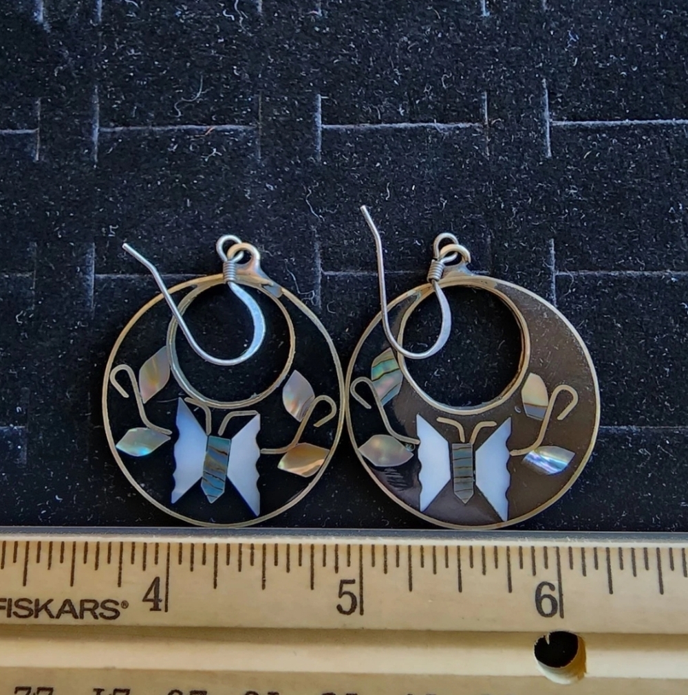 Vintage Sterling Silver/Mother Of Pearl Abalone Earrings Marked Mexico